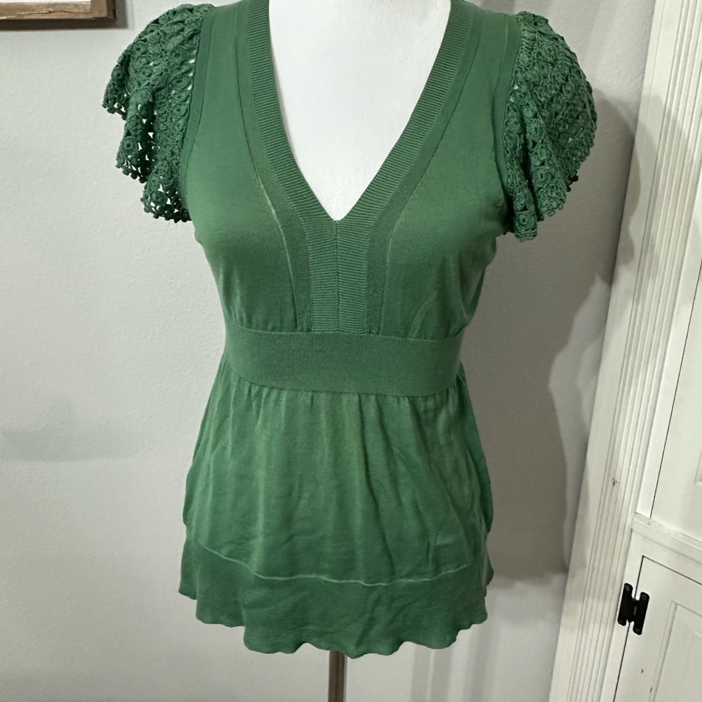 BCBGMaxAzria Green Flutter Sleeve Fitted Blouse - Picture 2 of 7